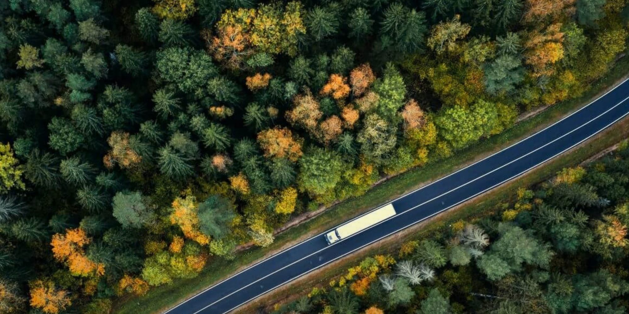Photo: A truck on a road through an autumn forest, seen from above